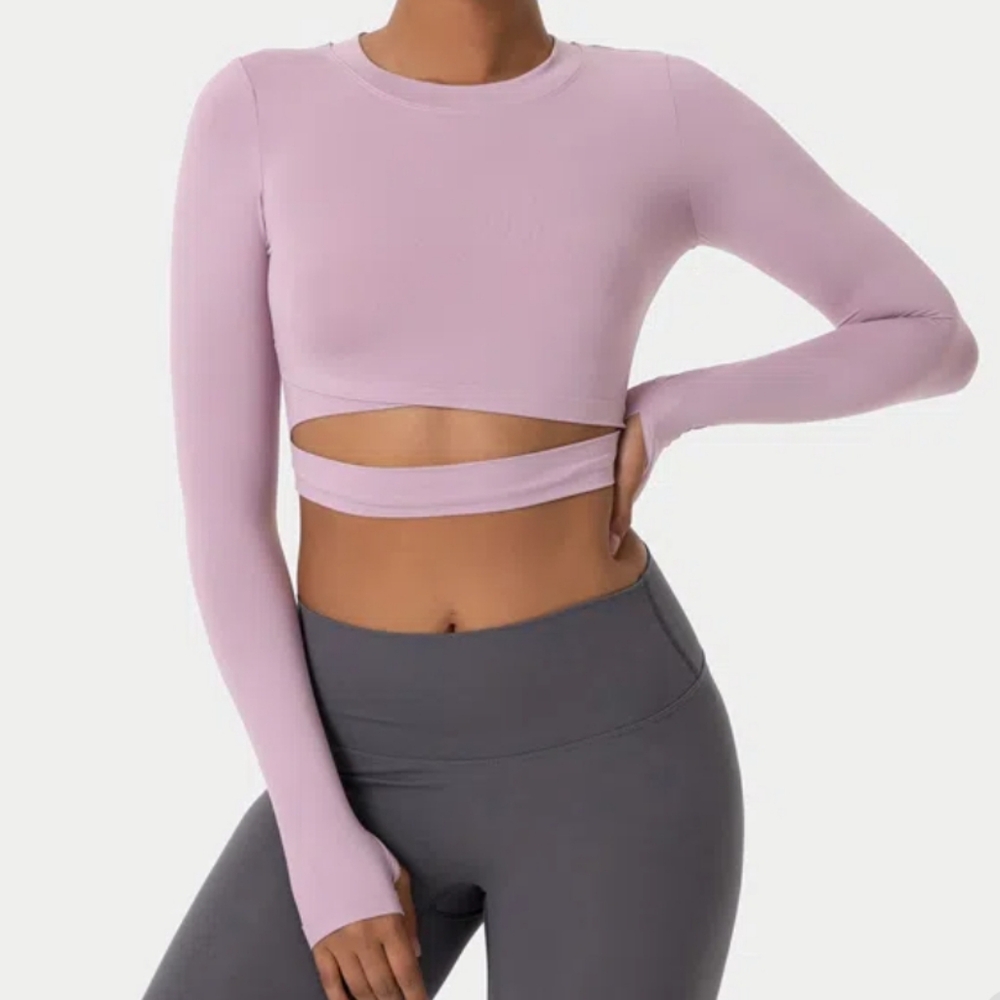 5/$25 Halara Crew Neck Thumb Hole Cut Out Cropped Sports Top